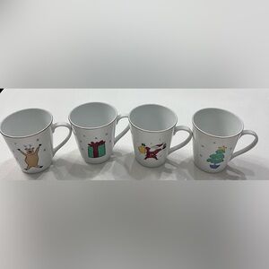 Merry Brite Whimsical Christmas Mugs Cups White Porcelain Set‎ Of 4